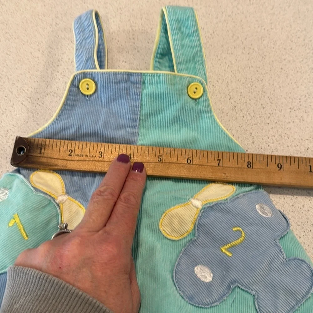 Vintage baby boys overalls plane green and blue embroidered on foot 0-6 months